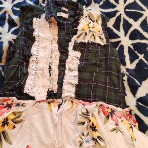 Boho sleeveless flannel with lace collage.